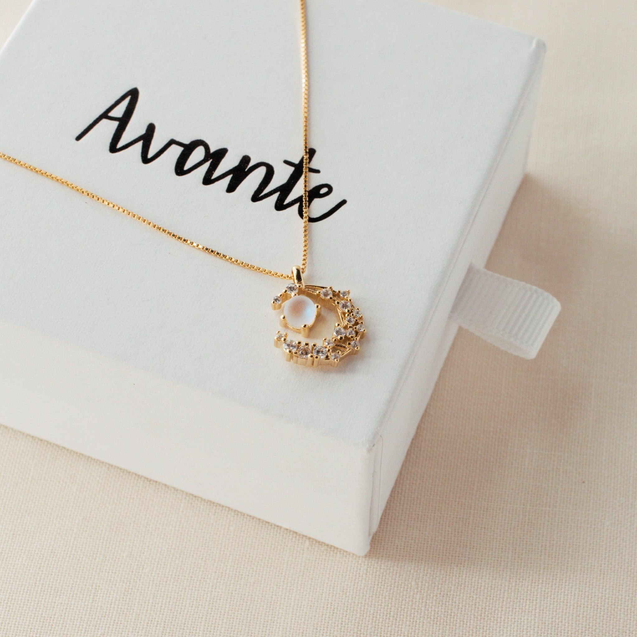 Sparkling Moon Necklace on a jewelry gift box | Avante Jewel