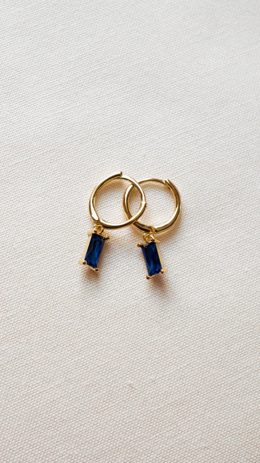 blue baguette dangle earrings by Avante Jewel