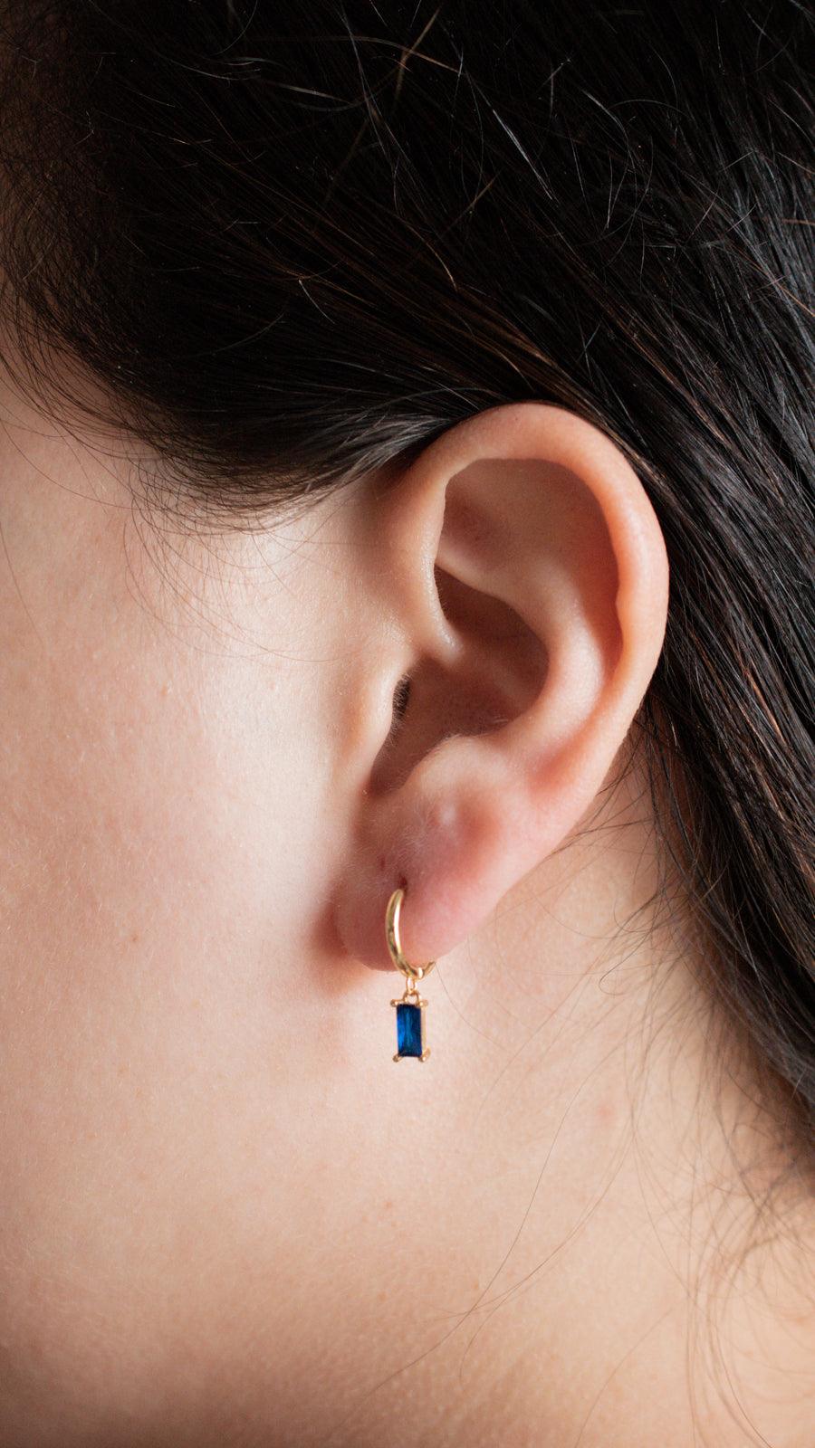 blue baguette dangle earrings 
