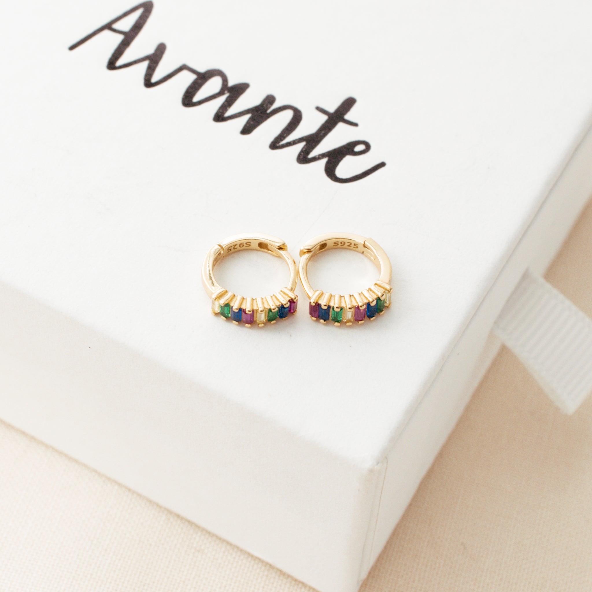 Multicolor Crystal Hoop Earrings on white jewelry box by Avante Jewel | Avante Jewelry 
