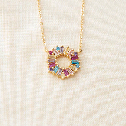 Multicolor Crystal Pendant Necklace detail showing pink, blush, yellow and blue crystals