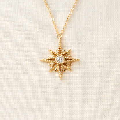 North Star Pendant Necklace Detail Photo shows intricate North Stand Pendant with cubic zirconia 