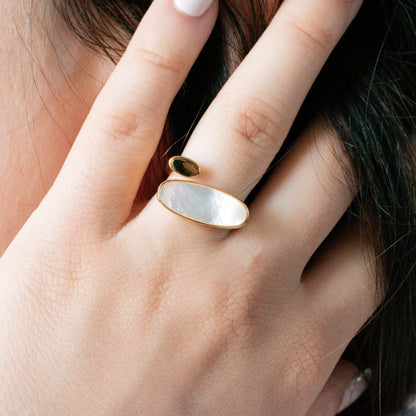 Barbara White Shell Adjustable Ring close-up photo displaying white shell surface